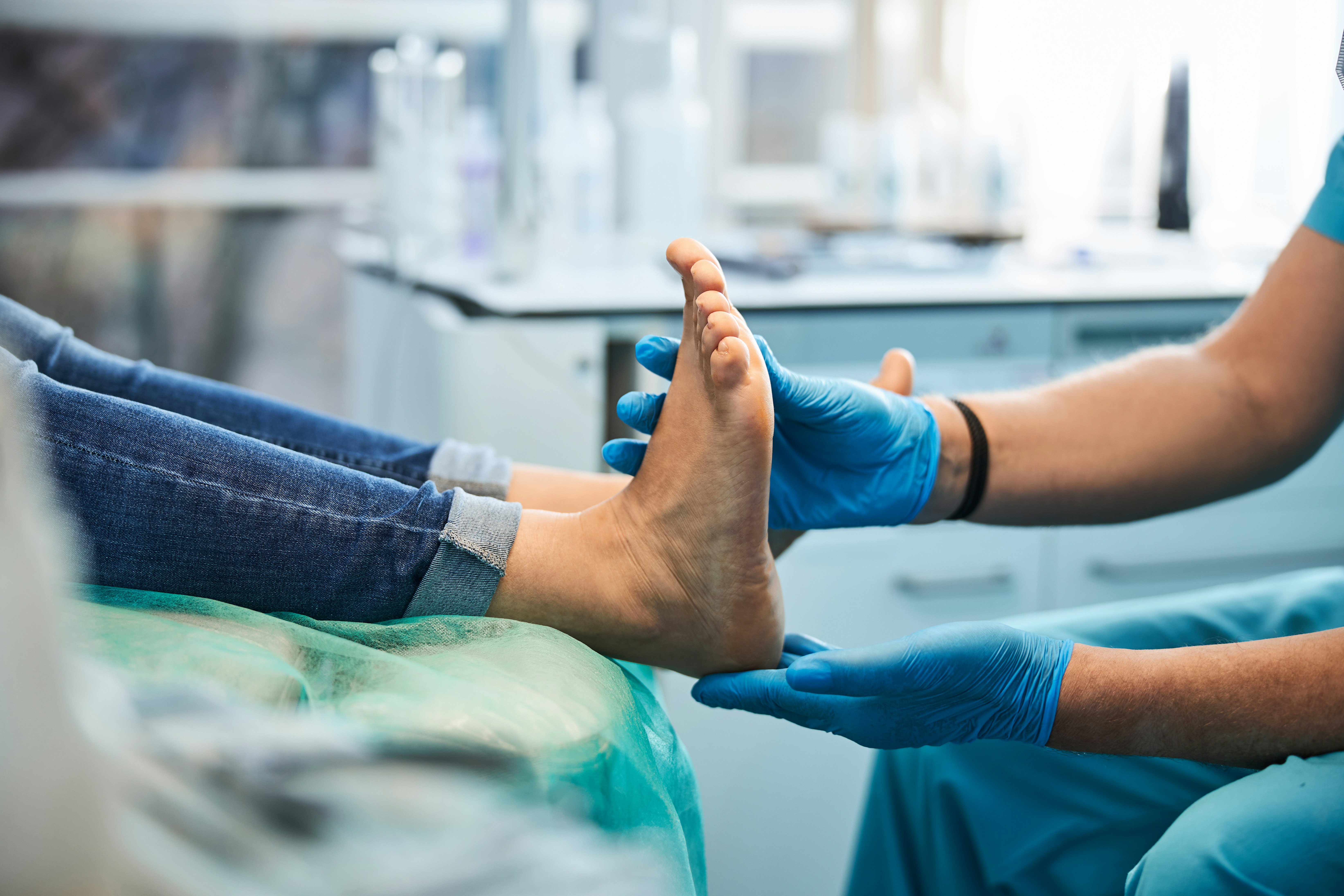 Diabetic foot exam in a podiatry clinic
